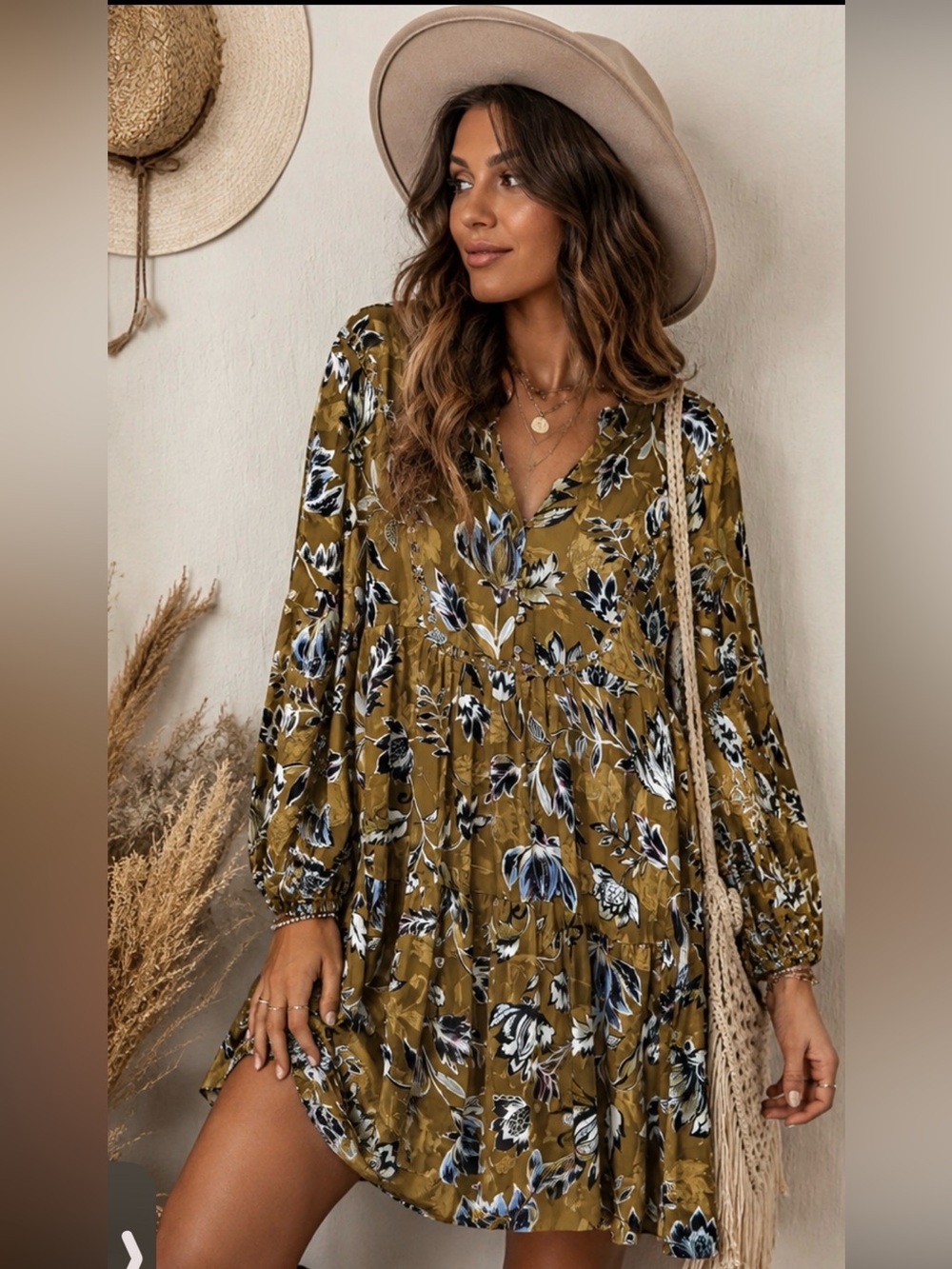 BCBGMaxAzria Olive Floral Tiered Long-Sleeve Mini Dress